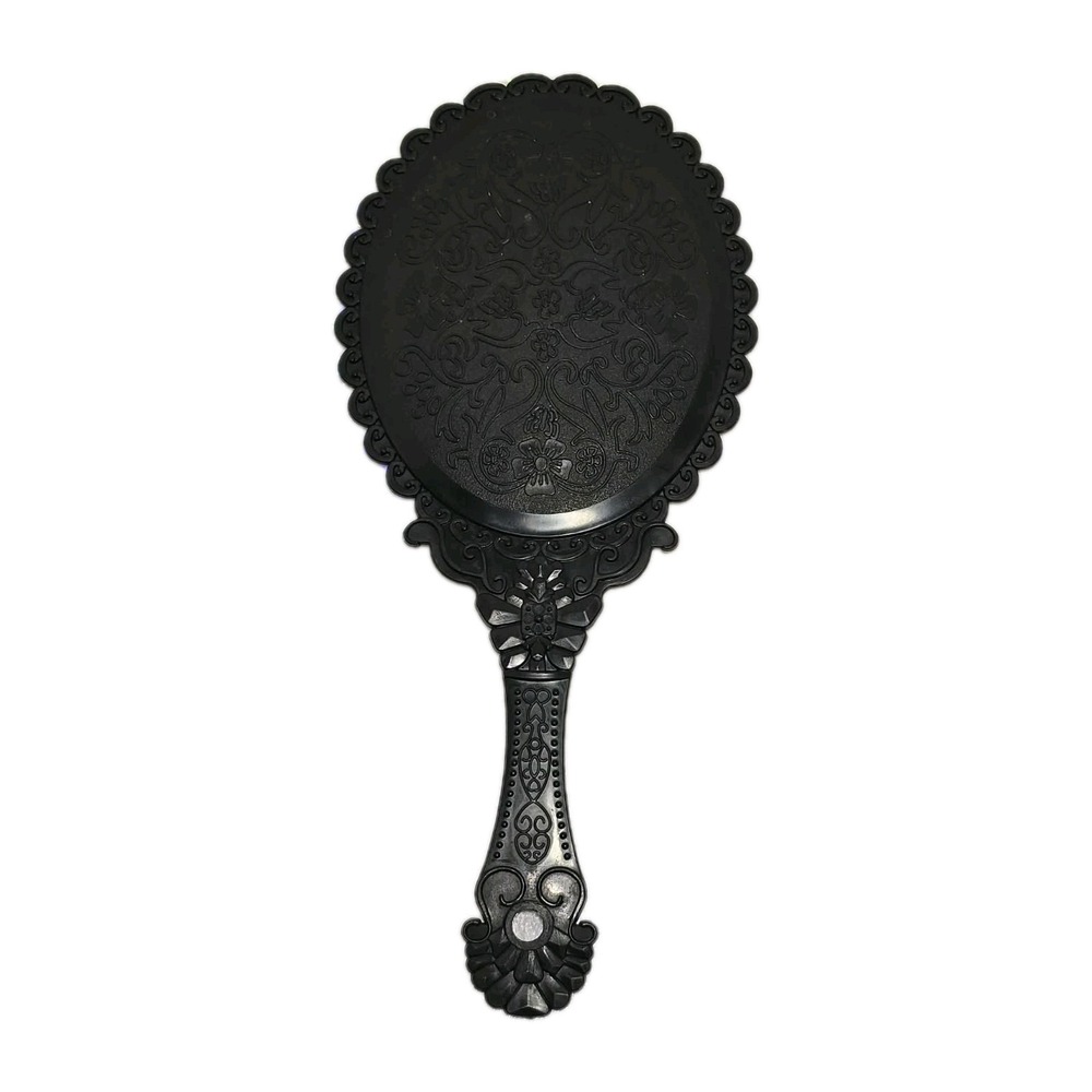 🪞 Vintage Style Black Handheld Vanity Mirror Ornate Floral Handle Plastic EUC‎